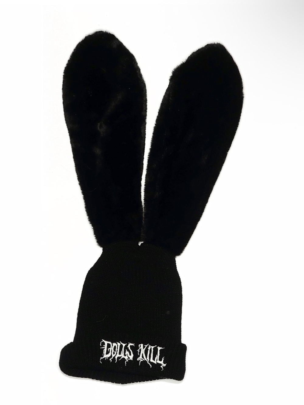 DOLLS KILL Merch EmbroideredFurry Bunny Ears Stretch Knit Beanie Hat Black OS